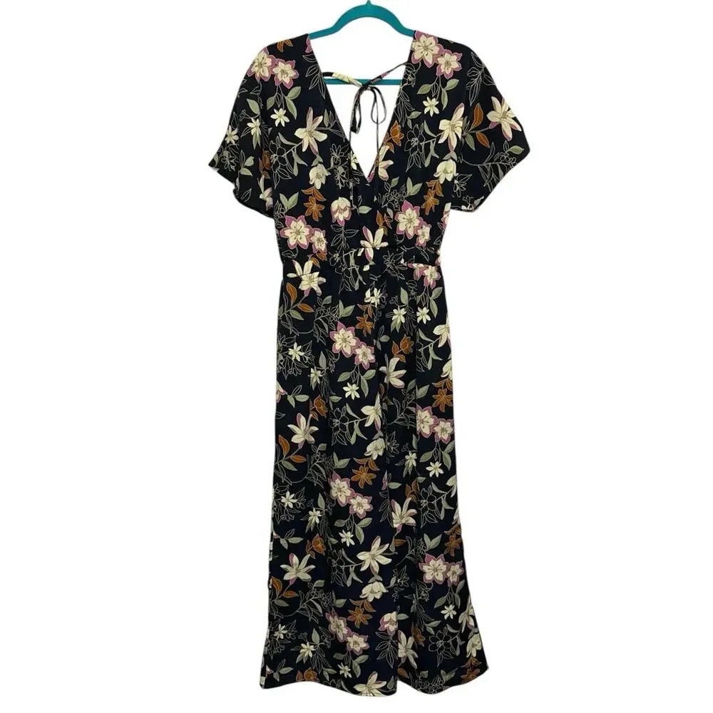 Blu Pepper Navy Floral Jumpsuit Boho Tie Waist Wide Leg Size Large